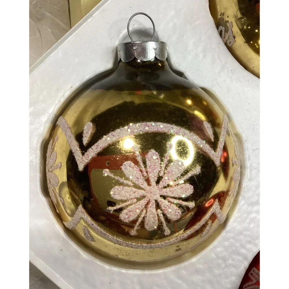 Vintage Mercury Glass Glitter Merry Christmas Ornaments Stenciled 1950s Pyramid